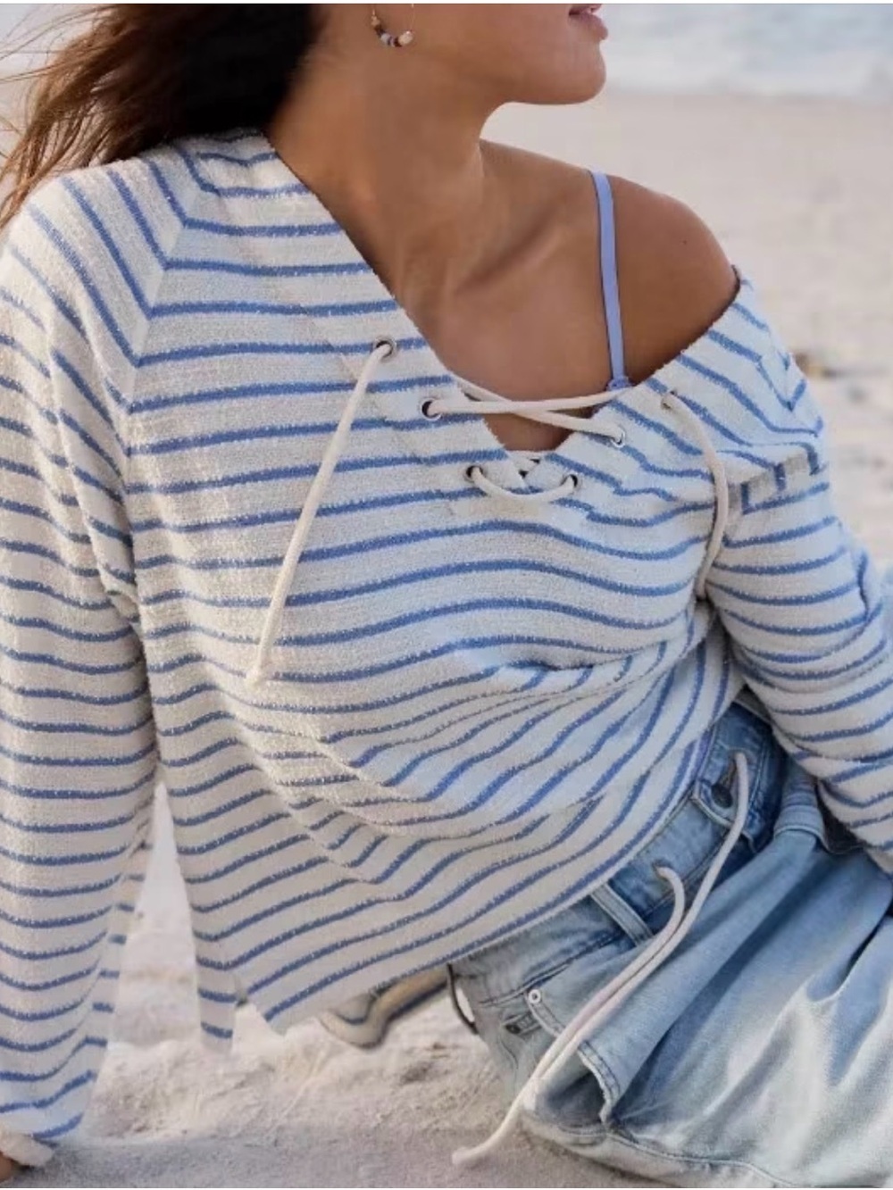 Aerie Oversized Striped Lace-Up Nautical Sweater — Blue & Cream
